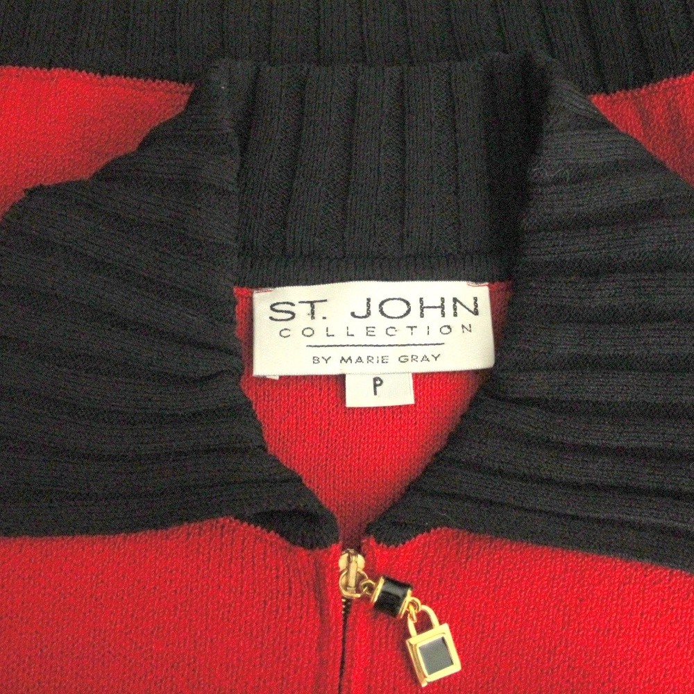 St. John Collection Santana Knit Red Black Zip-Up Front Jacket P Petite - Picture 7 of 8